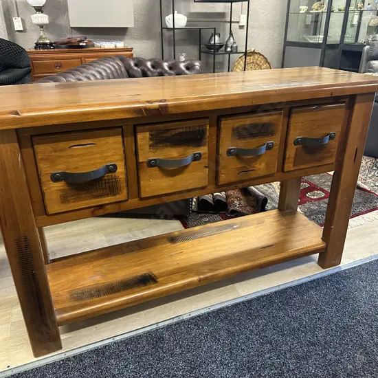 Rustic Recycled Console/Hall Table Four Drawers & Wrought Handles. H82,W135,D40cm.