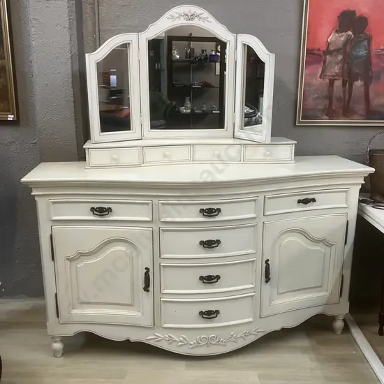 Country Corner White French Provincial Style 6 Drawer / 2 Door Dresser With Matching 4 Drawer Tri-Fold Mirror