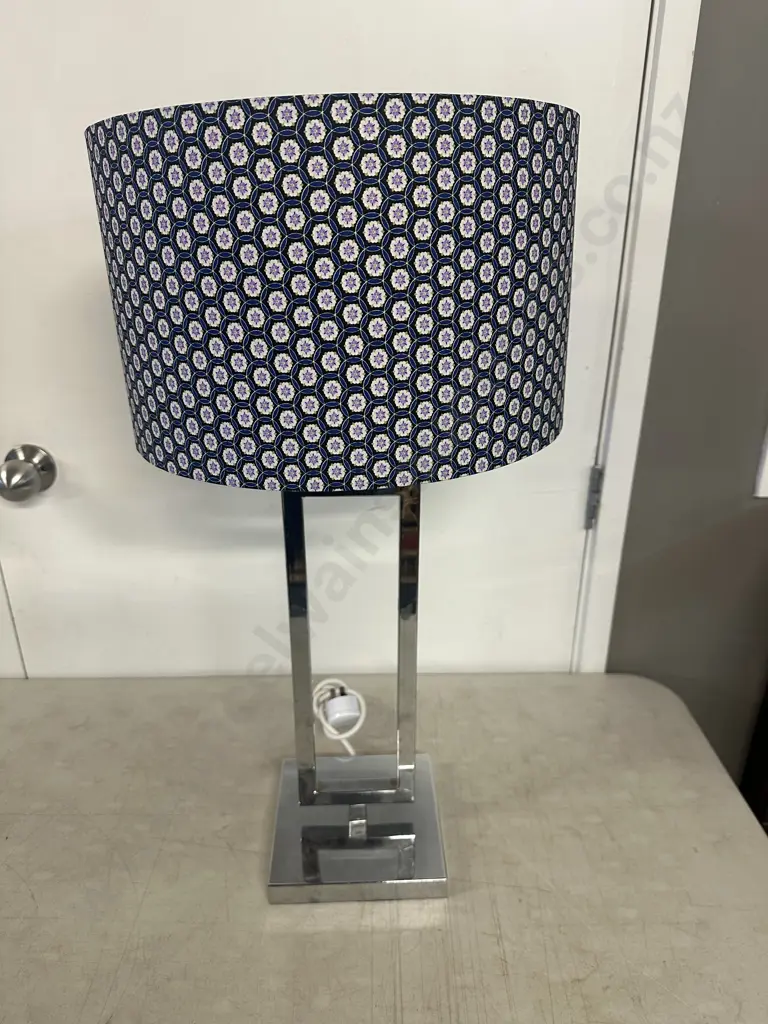 Modernist Table Lamp Chrome Coloured Base With Round Floral Shade H70cm. Image 1++