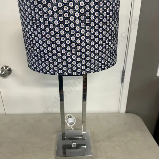 Modernist Table Lamp Chrome Coloured Base With Round Floral Shade H70cm.