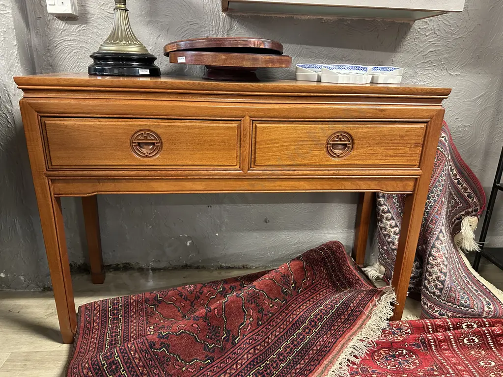 Natural Finish Rosewood Chinese Longevity Console Table. 2 Drawers H76 W106.5 D35.5cm Image 1++