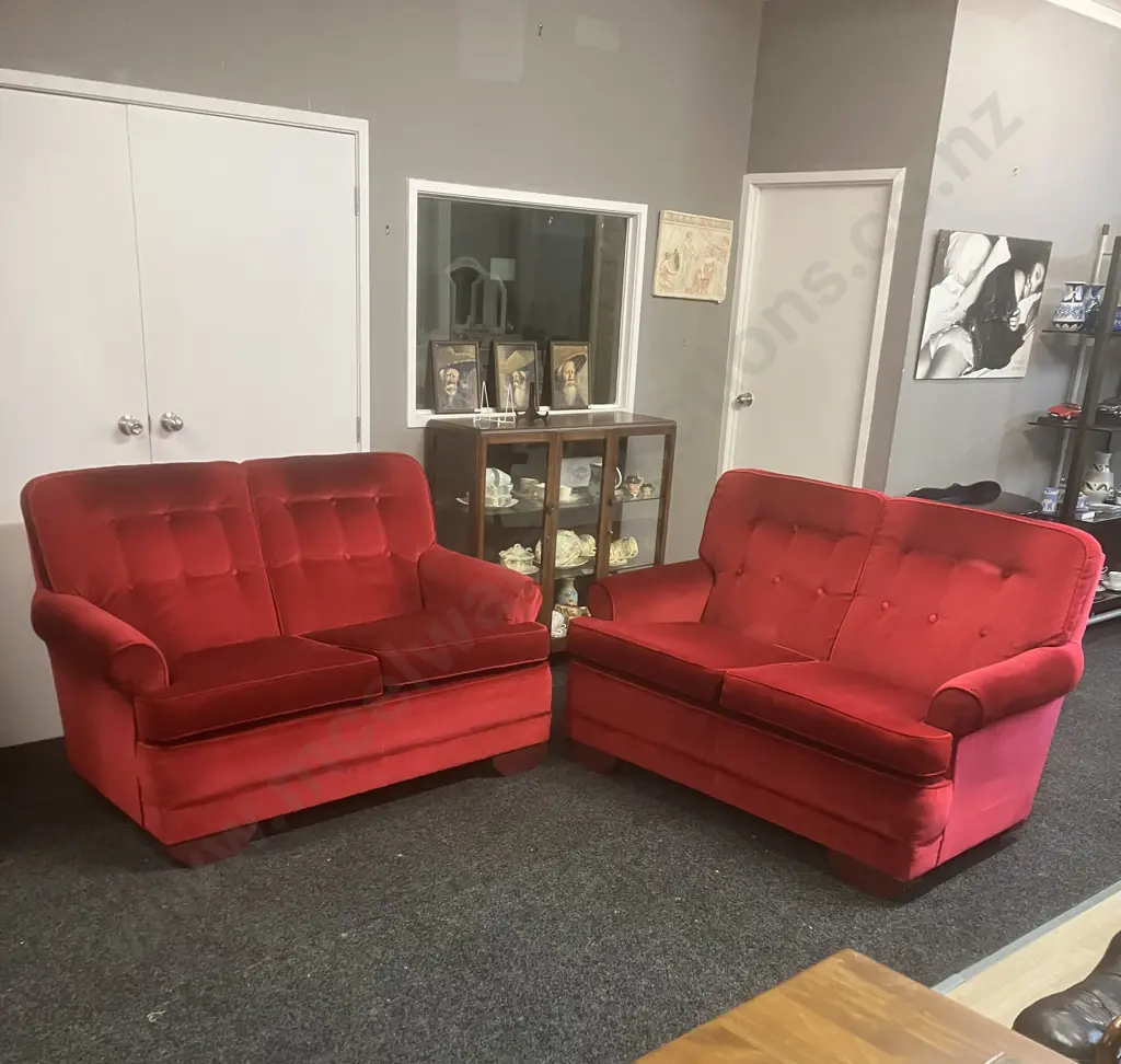 Mid-Century Lounge Suite - Pair of Button Back 2 Seater Couches Image 1++