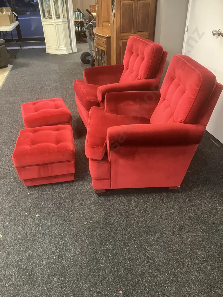 Pair of Mid-Century Button Back Armchairs With Footstools Image 1++