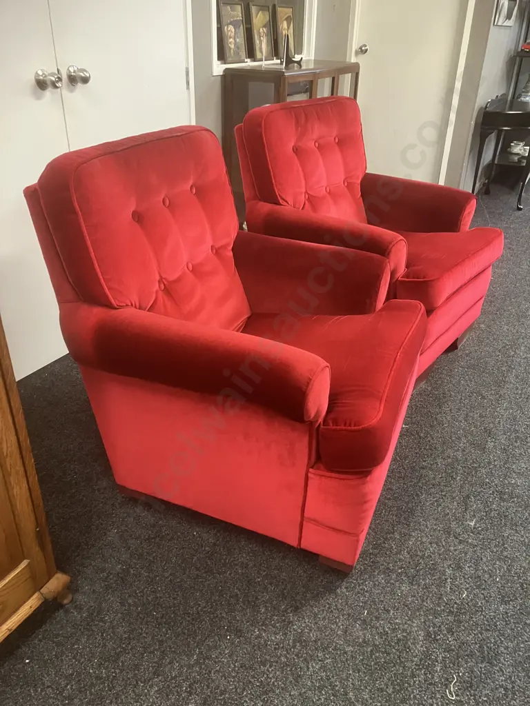 Pair of Mid-Century Button Back Armchairs With Footstools Image 1++