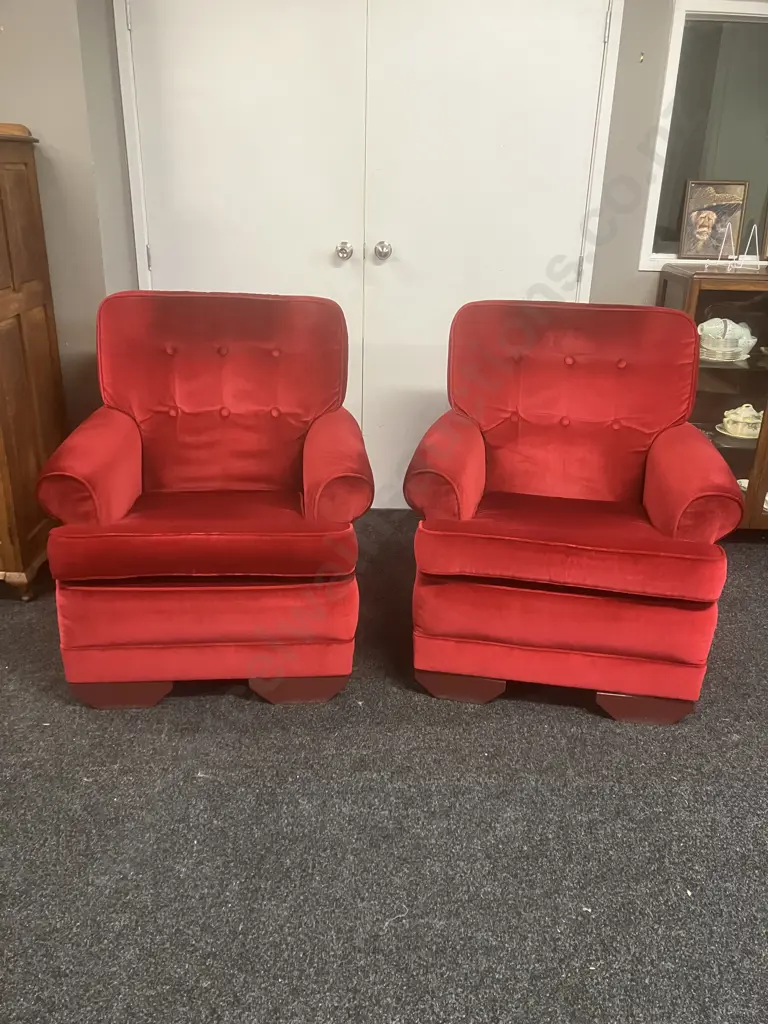 Pair of Mid-Century Button Back Armchairs With Footstools Image 1++