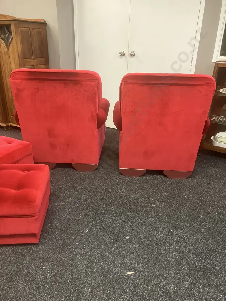 Pair of Mid-Century Button Back Armchairs With Footstools Image 1++