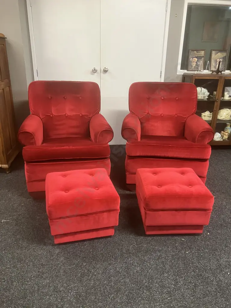 Pair of Mid-Century Button Back Armchairs With Footstools Image 1++