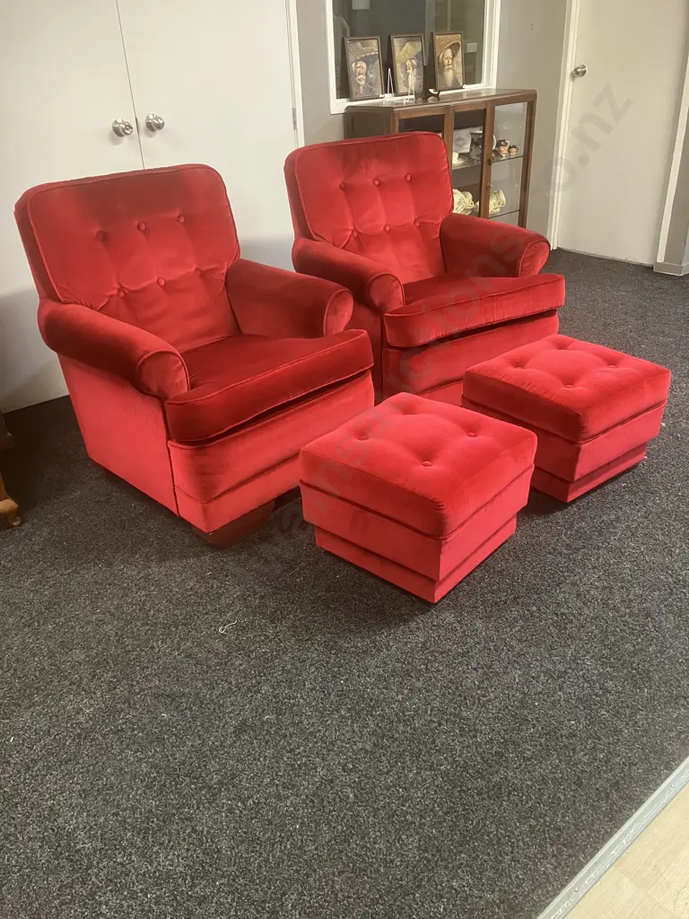 Pair of Mid-Century Button Back Armchairs With Footstools Image 1++