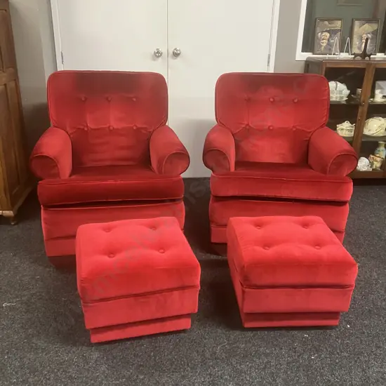 Pair of Mid-Century Button Back Armchairs With Footstools