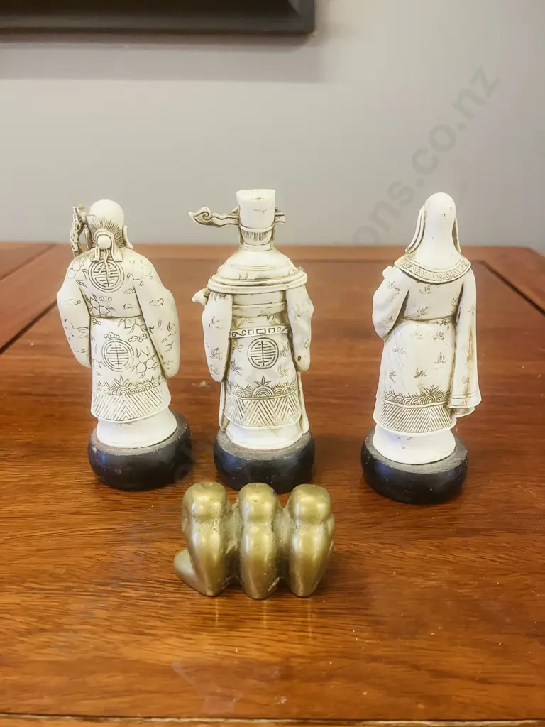 Vintage Resin Fu Lu Shou Figures (1 As Found) With Small Brass Monkey "See No" Trio Image 1++