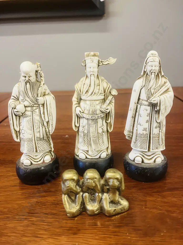 Vintage Resin Fu Lu Shou Figures (1 As Found) With Small Brass Monkey "See No" Trio Image 1++