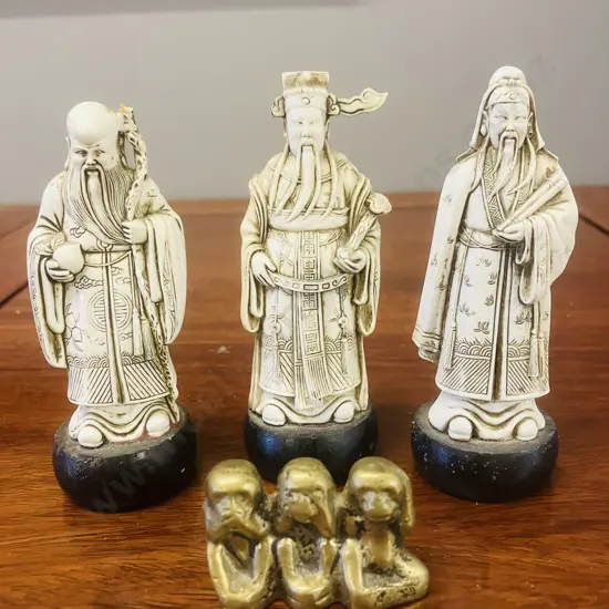 Vintage Resin Fu Lu Shou Figures (1 As Found) With Small Brass Monkey "See No" Trio