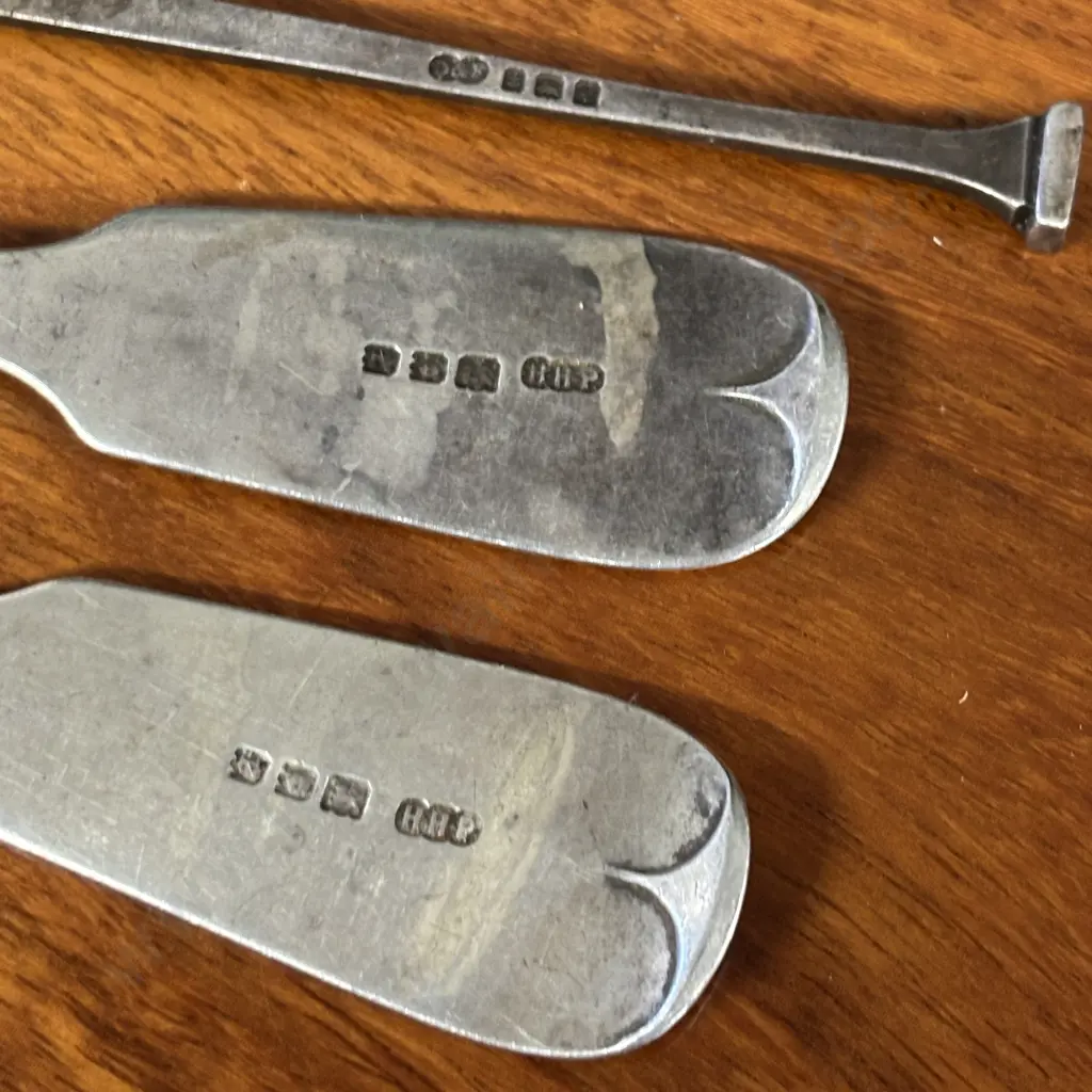 Two Hallmarked Soup Spoons with Pickle Fork  (164 Grams) Image 1++