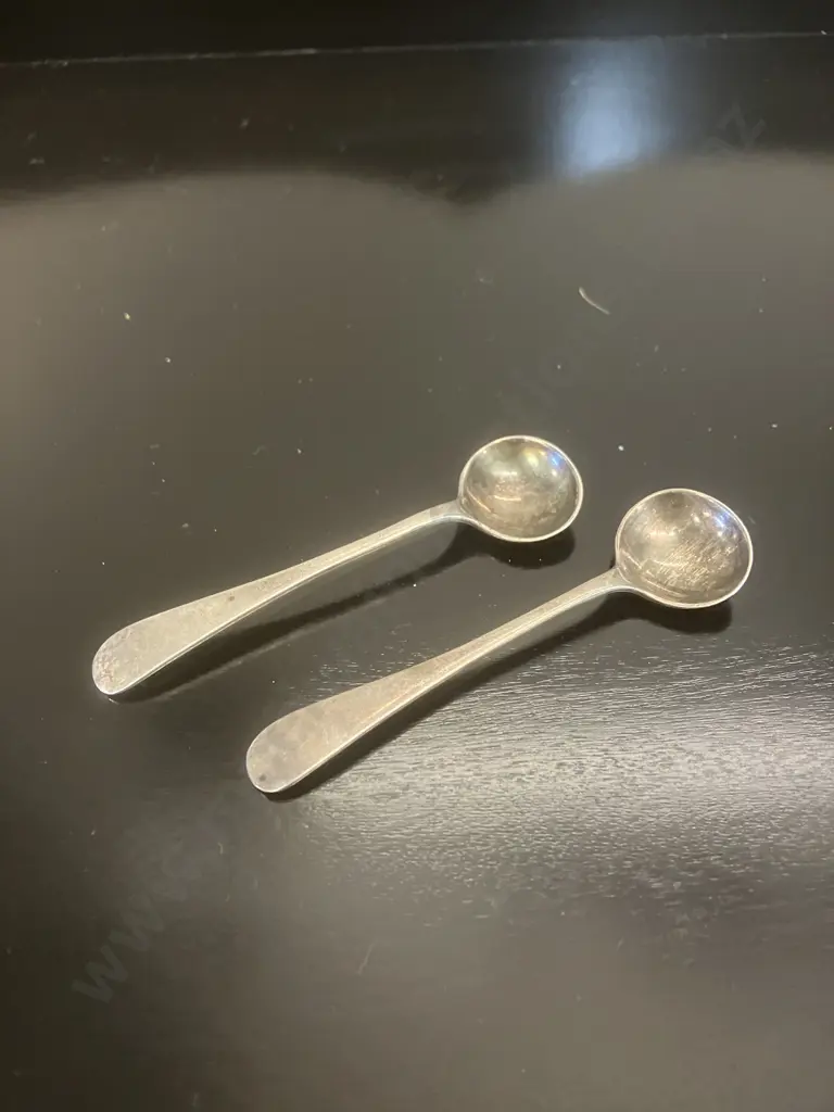Antique Edwardian Sterling Silver Mustard Spoons (Pair) - Hallmarked Sheffield 1904 Martin, Hall & Co (21 Grams) Image 1++