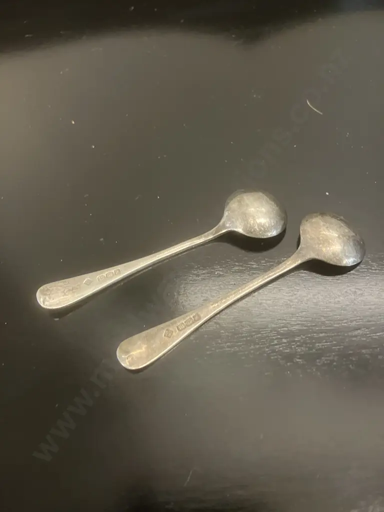 Antique Edwardian Sterling Silver Mustard Spoons (Pair) - Hallmarked Sheffield 1904 Martin, Hall & Co (21 Grams) Image 1++