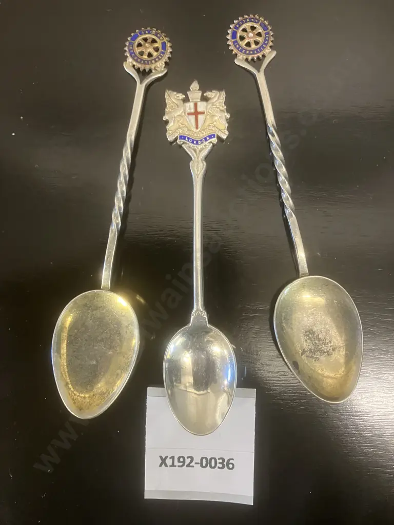 London Sterling Silver Souvenir Spoon, Hallmarked Birmingham 1911 & Pair of Rotary International Spoons Stamped STG SIL Image 1++