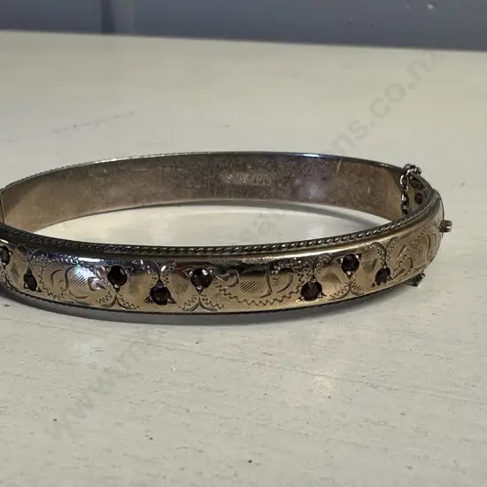 Stamped 9ct Sterling Silver Vintage Bangle With Garnet Gem Stones