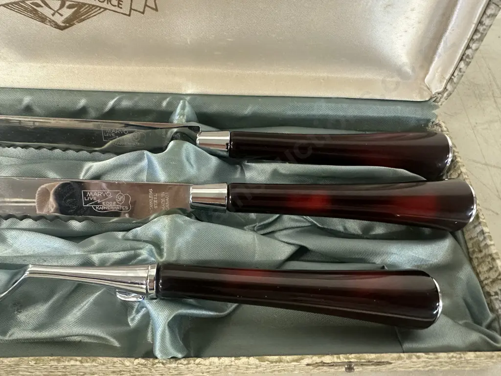 Vintage Marvo Karvermates Three Piece Carving Set With Bakelite Handles Image 1++