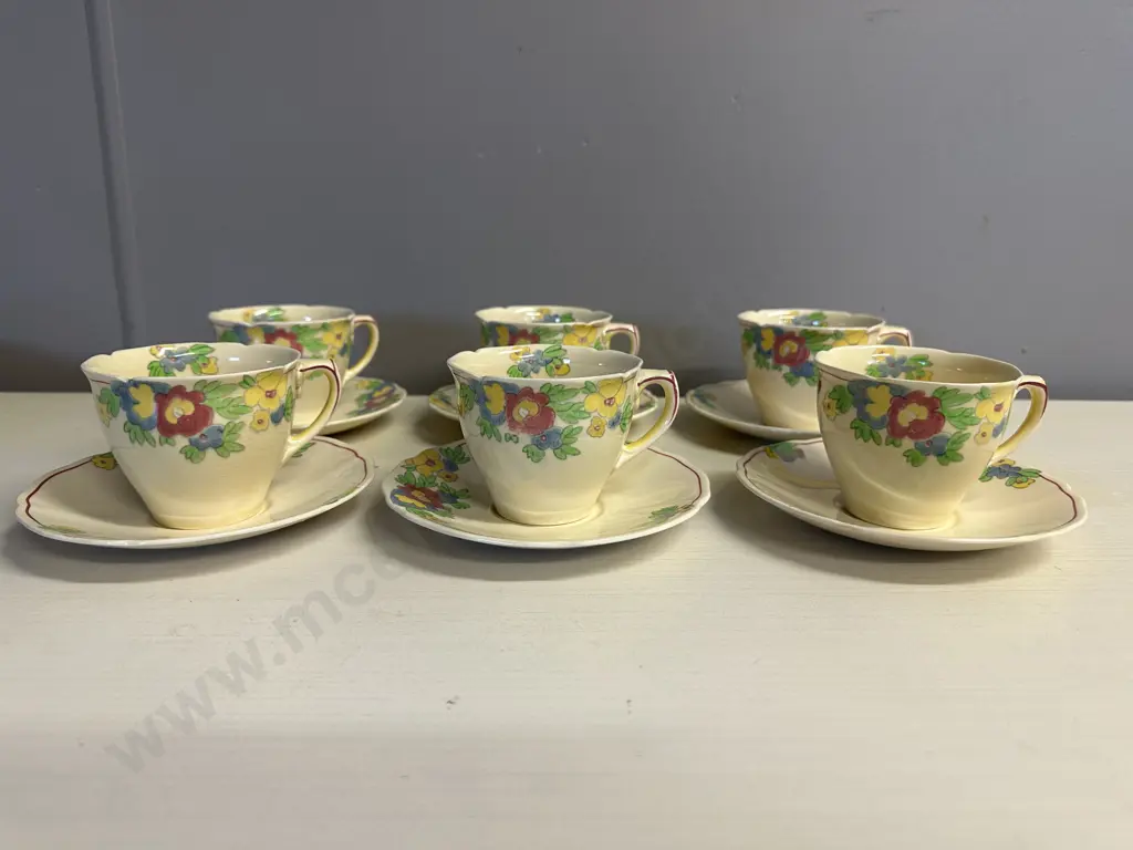 Royal Doulton 'Minden' Art Deco Breakfast Cups & Saucers x6 Pattern #D5334 Image 1++