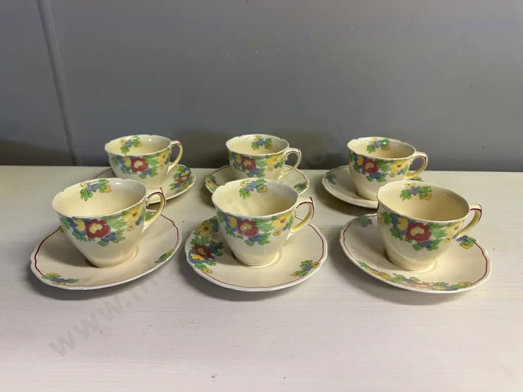 Royal Doulton 'Minden' Art Deco Breakfast Cups & Saucers x6 Pattern #D5334 Image 1++