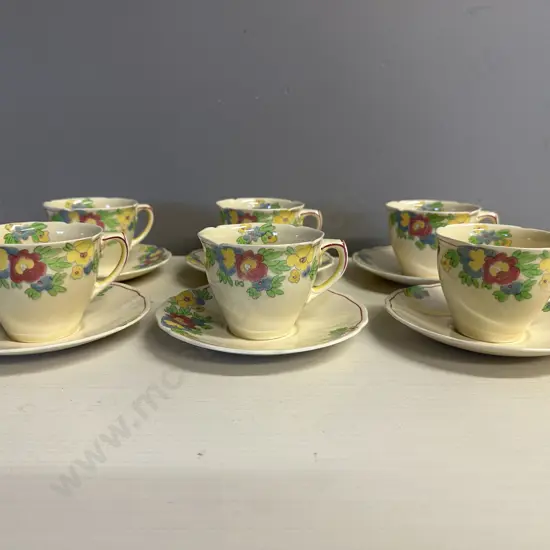 Royal Doulton 'Minden' Art Deco Breakfast Cups & Saucers x6 Pattern #D5334