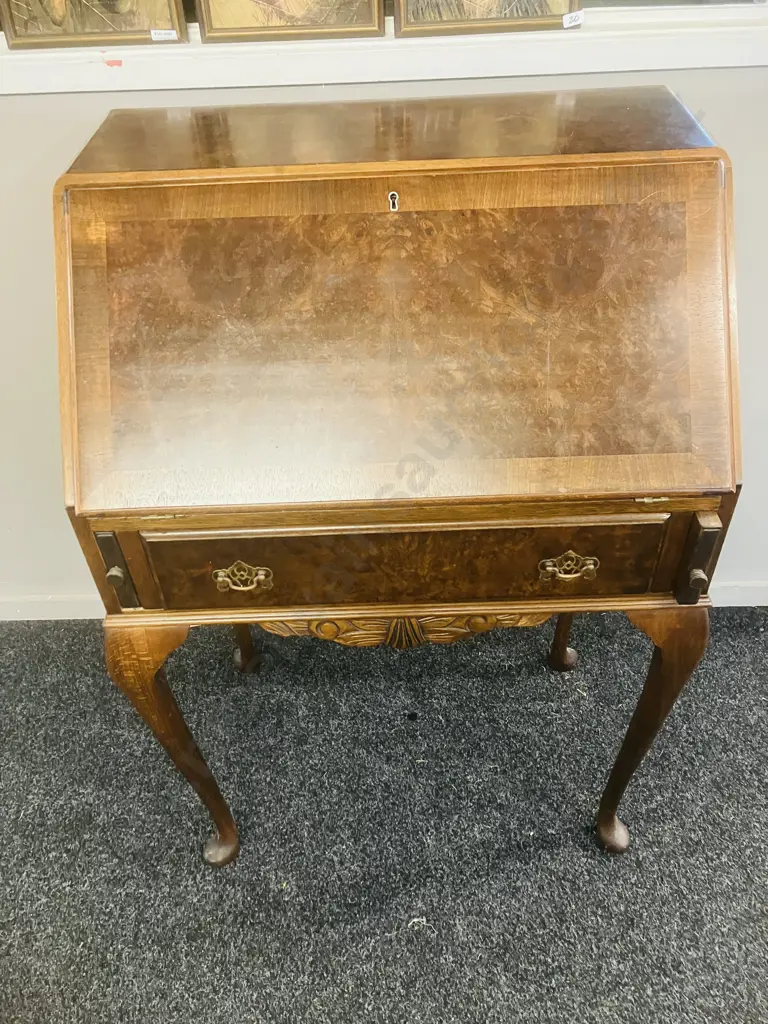 Queen Anne Style Burr Walnut & Mahogany Slant Front Writing Desk. H101 W66 D44cm Image 1++