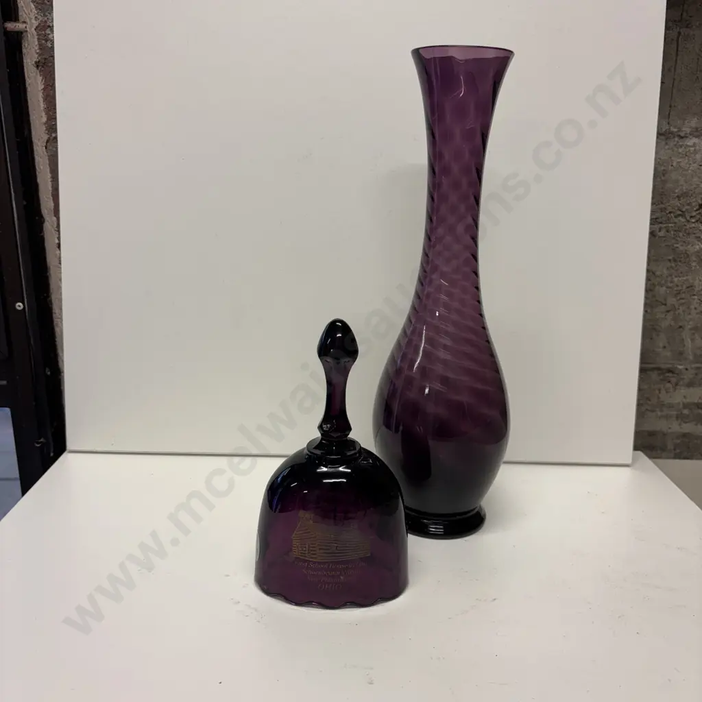 Purple Art Glass Vase H31cm and Fenton Glass "First School House in Ohio" Bell Image 1++