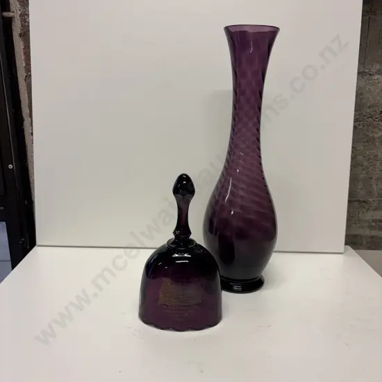 Purple Art Glass Vase H31cm and Fenton Glass "First School House in Ohio" Bell