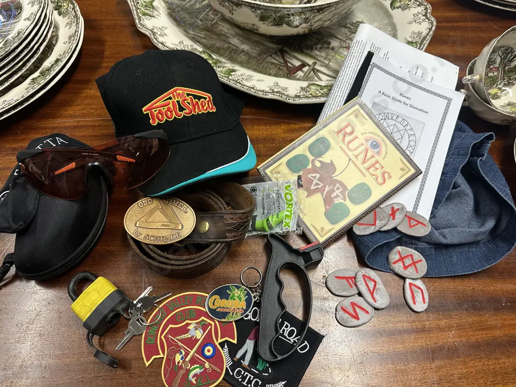 Assorted Items Including Schrade Buckle & Leather Belt, Knife Sharpener, Cap, Runes Nordic Divination Etc Image 1++