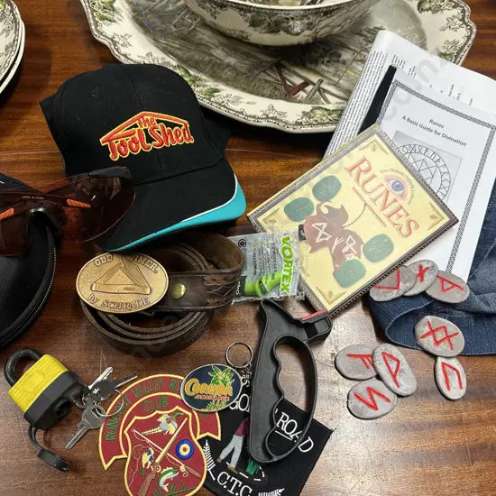 Assorted Items Including Schrade Buckle & Leather Belt, Knife Sharpener, Cap, Runes Nordic Divination Etc