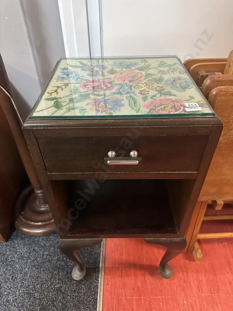 Vintage Oak Bedside Cabinet. Single drawer with tapestry glass top Image 1++