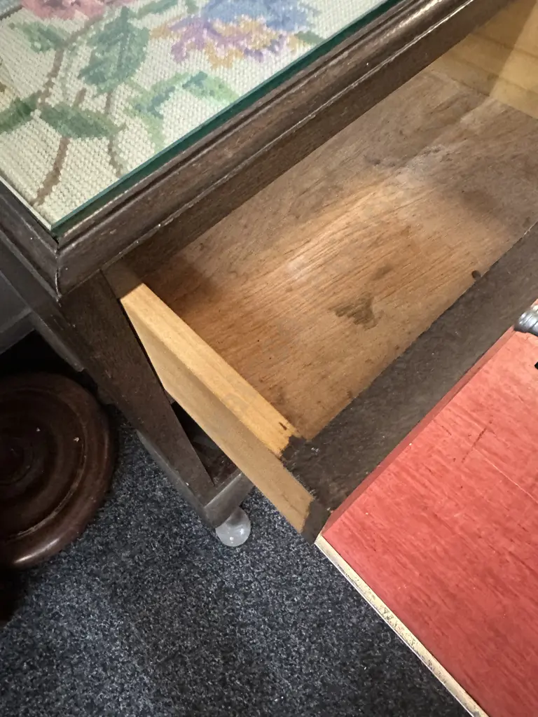 Vintage Oak Bedside Cabinet. Single drawer with tapestry glass top Image 1++