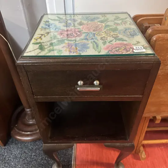 Vintage Oak Bedside Cabinet. Single drawer with tapestry glass top