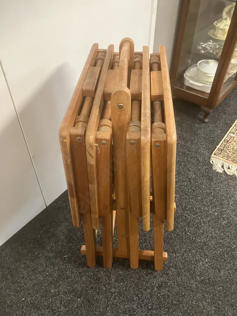 Vintage Set of 4 Wooden Folding TV Tray Tables With Stand Image 1++