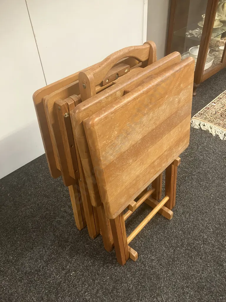 Vintage Set of 4 Wooden Folding TV Tray Tables With Stand Image 1++