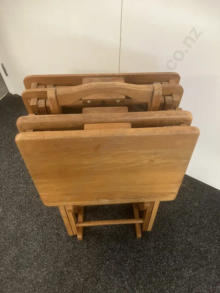 Vintage Set of 4 Wooden Folding TV Tray Tables With Stand Image 1++