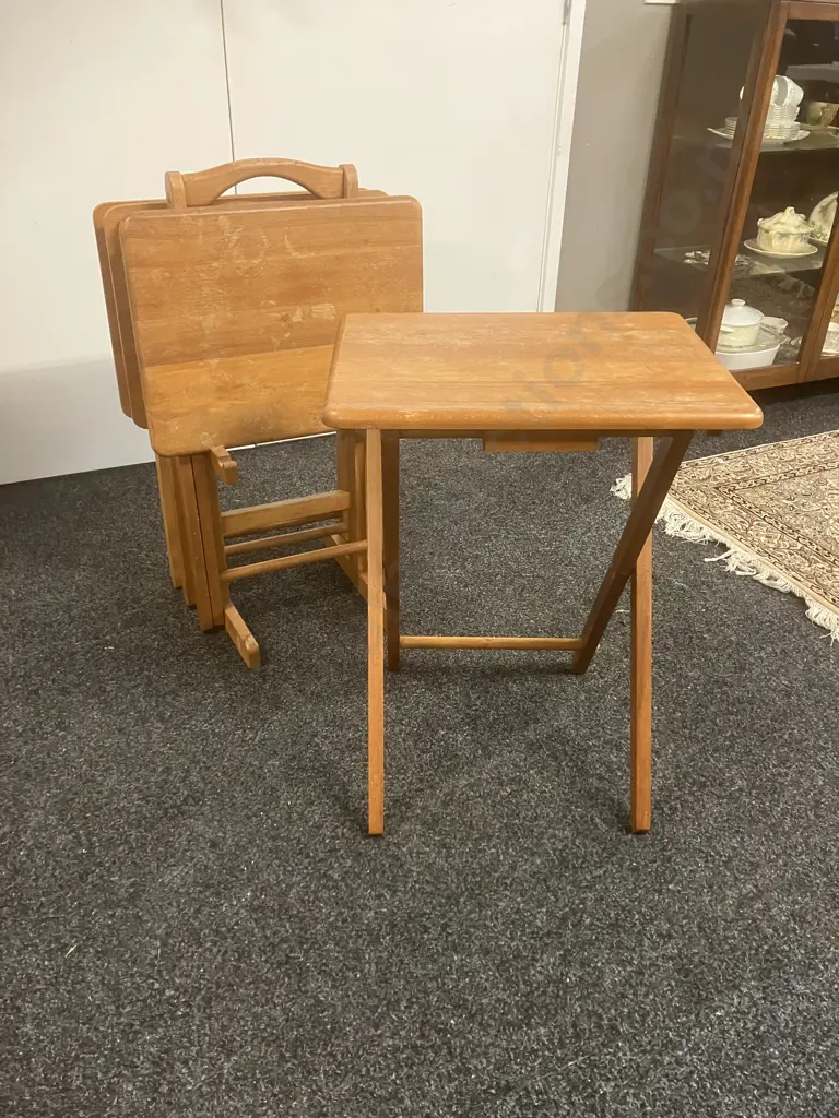 Vintage Set of 4 Wooden Folding TV Tray Tables With Stand Image 1++