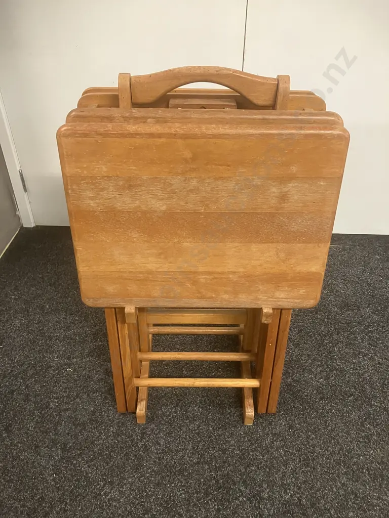 Vintage Set of 4 Wooden Folding TV Tray Tables With Stand Image 1++