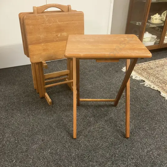 Vintage Set of 4 Wooden Folding TV Tray Tables With Stand