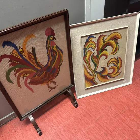 Vintage Rooster themed Fire Sceen Tapestry with Framed Rooster tail Artwork