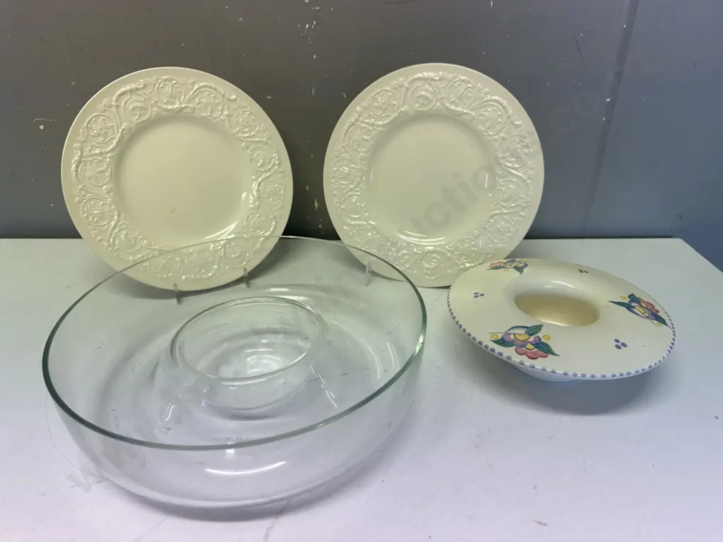 Wedgwood of Etruria & Barlaston Patrician Dinner Plates x2 With Poole Posy Vase & Glass Chip & Dip Bowl Image 1++