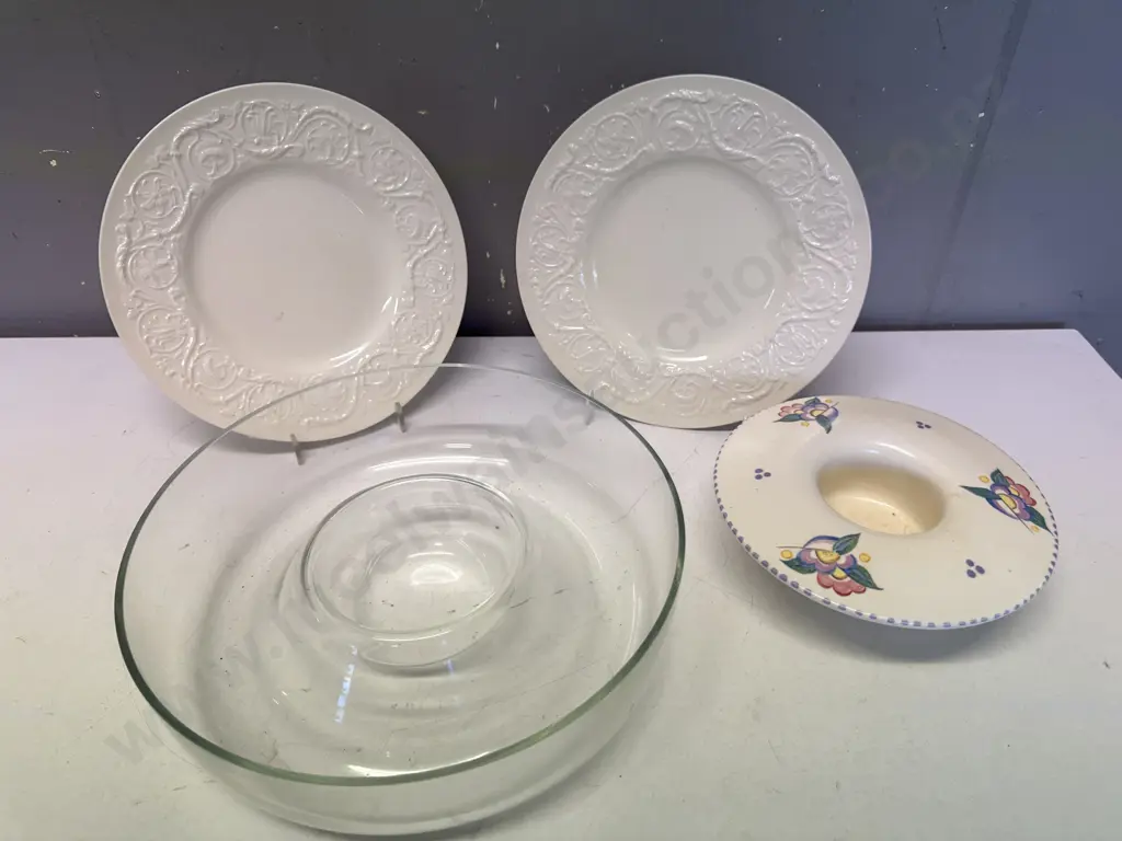 Wedgwood of Etruria & Barlaston Patrician Dinner Plates x2 With Poole Posy Vase & Glass Chip & Dip Bowl Image 1++