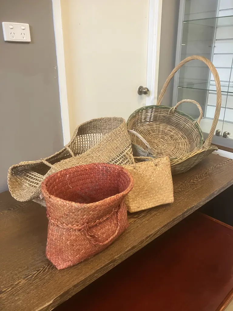 Vintage Handled Cane Baskets x2 and Woven Caneware Bags Image 1++