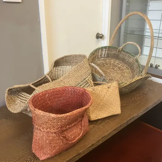 Vintage Handled Cane Baskets x2 and Woven Caneware Bags
