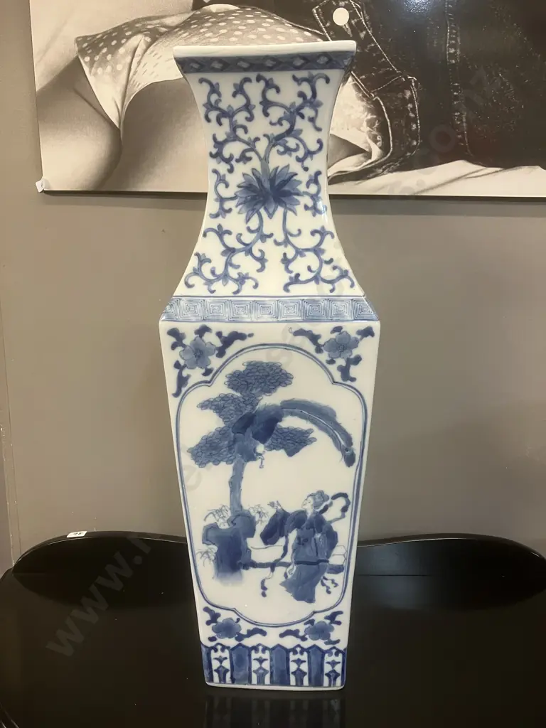 Square Blue & White Chinoiserie Vase. H61.5cm Image 1++