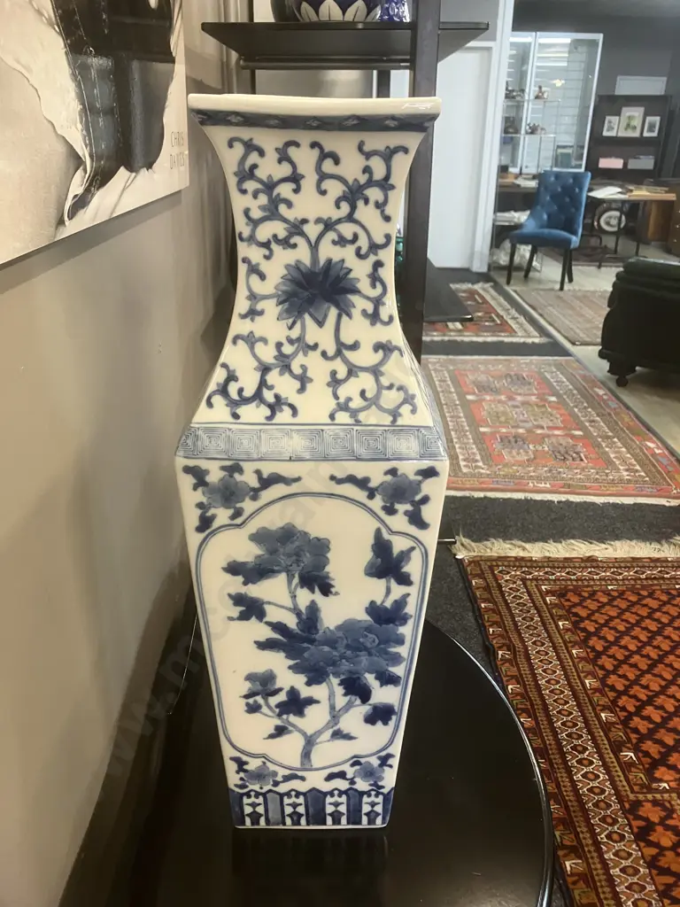 Square Blue & White Chinoiserie Vase. H61.5cm Image 1++
