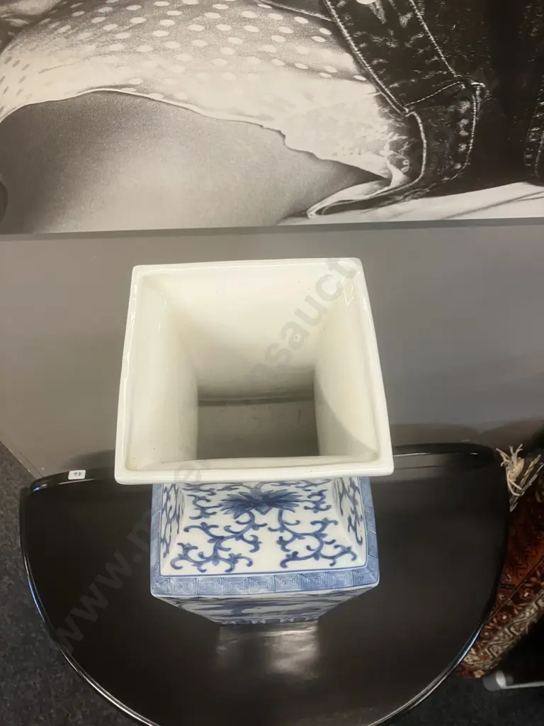 Square Blue & White Chinoiserie Vase. H61.5cm Image 1++