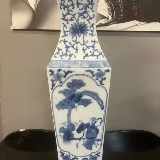 Square Blue & White Chinoiserie Vase. H61.5cm