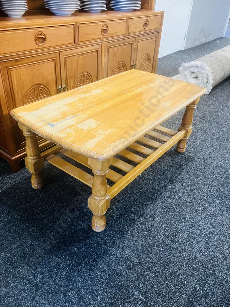 Rimu Coffee Table With Slatted Undershelf, Turned Legs (Top Rough) H45 W103 D55cm Image 1++