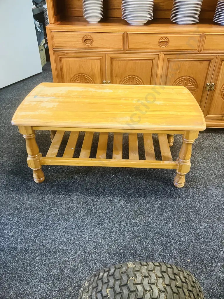 Rimu Coffee Table With Slatted Undershelf, Turned Legs (Top Rough) H45 W103 D55cm Image 1++